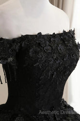 Black Off Shoulder Sweet 16 Formal Dresses With Lace, Black Long Evening Prom Dresses